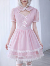 ROMWE Kawaii Women's Solid Color Patchwork Bow Decor Cute Lolita Style Mini Dress